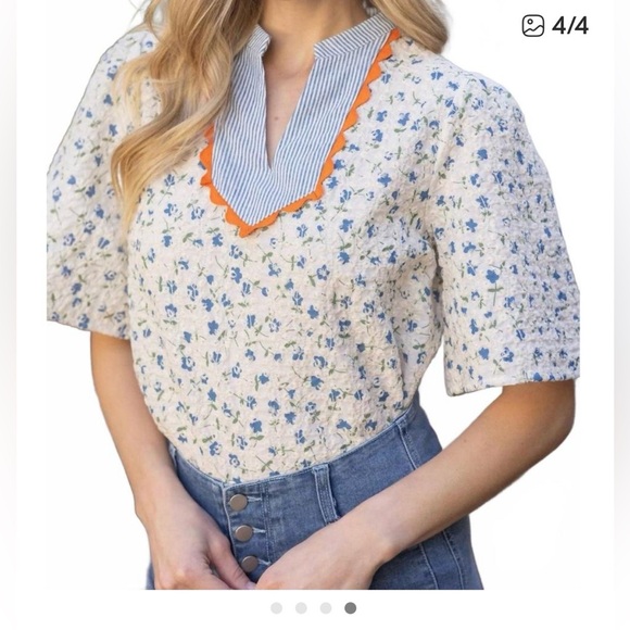 Voy Tops - Voy floral  Print Women's Top with Orange trim large